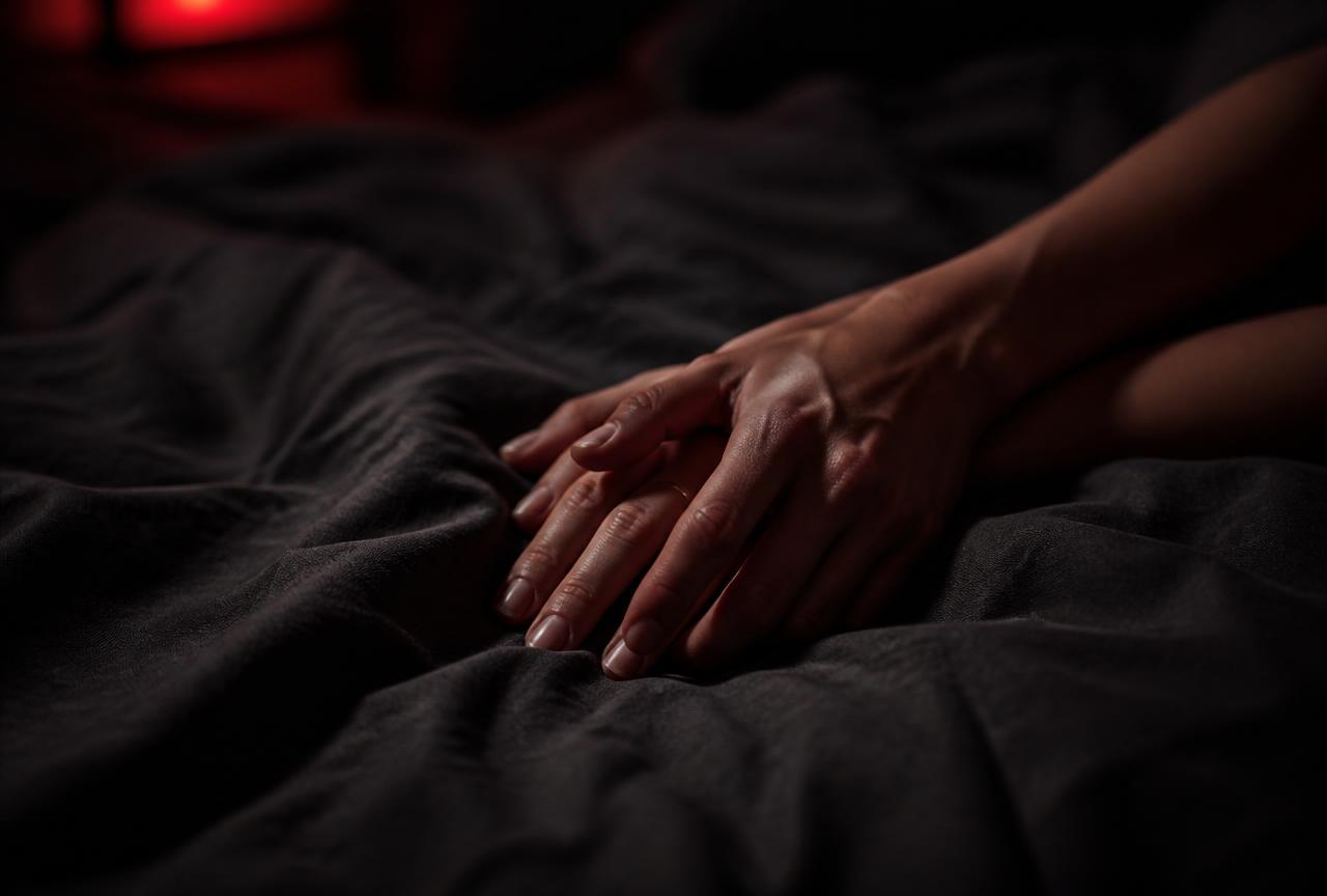 Two hands resting together on dark linen