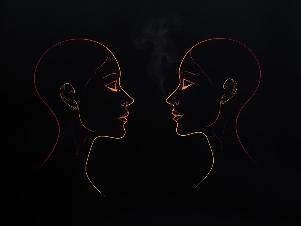 Two profile outlines facing each other in crimson and white lines